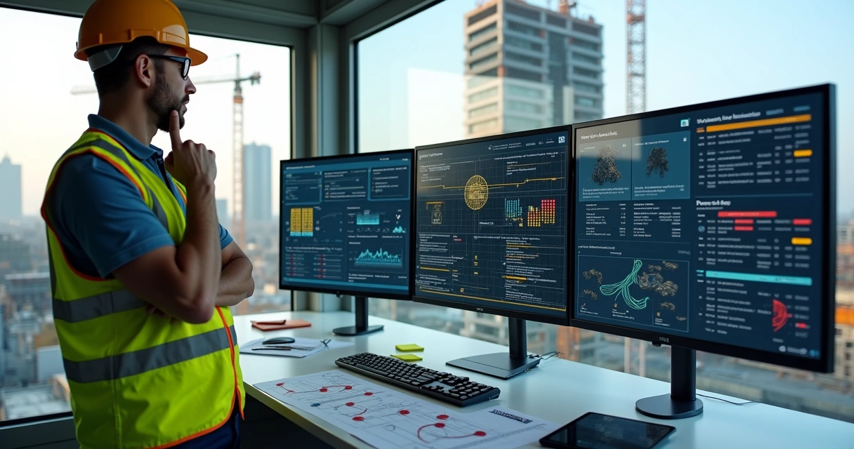 Engenheiro analisa painel de alertas inteligentes ao lado de canteiro de obras 
