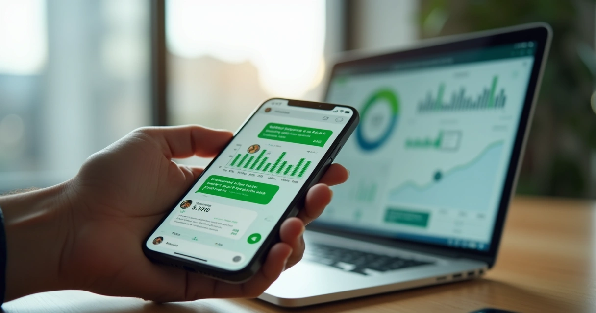 Gestor analisando alertas financeiros da Conta Azul no WhatsApp no celular 