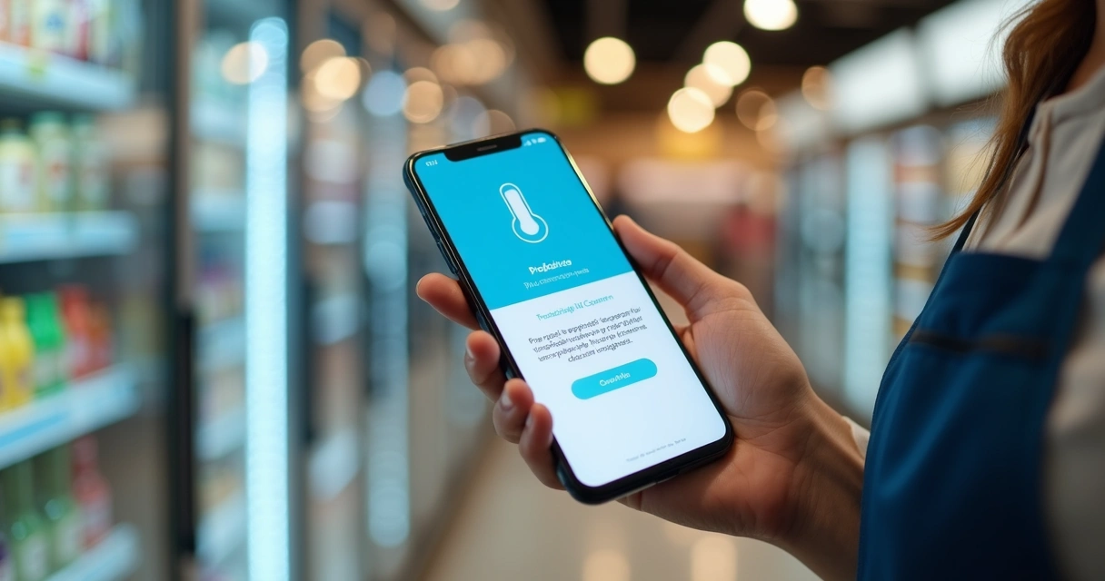 Aplicativo de alerta preditivo aberto em smartphone, funcionário de supermercado recebendo notificação 