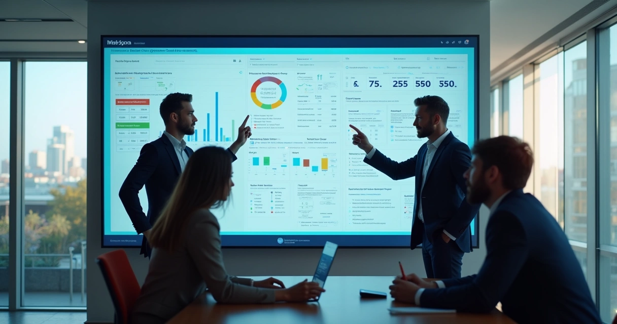 Equipe de imobiliária analisando painel digital com alertas preditivos 