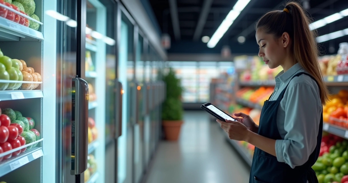 Supermercado com refrigeradores e sensores IoT monitorando temperatura em prateleiras 