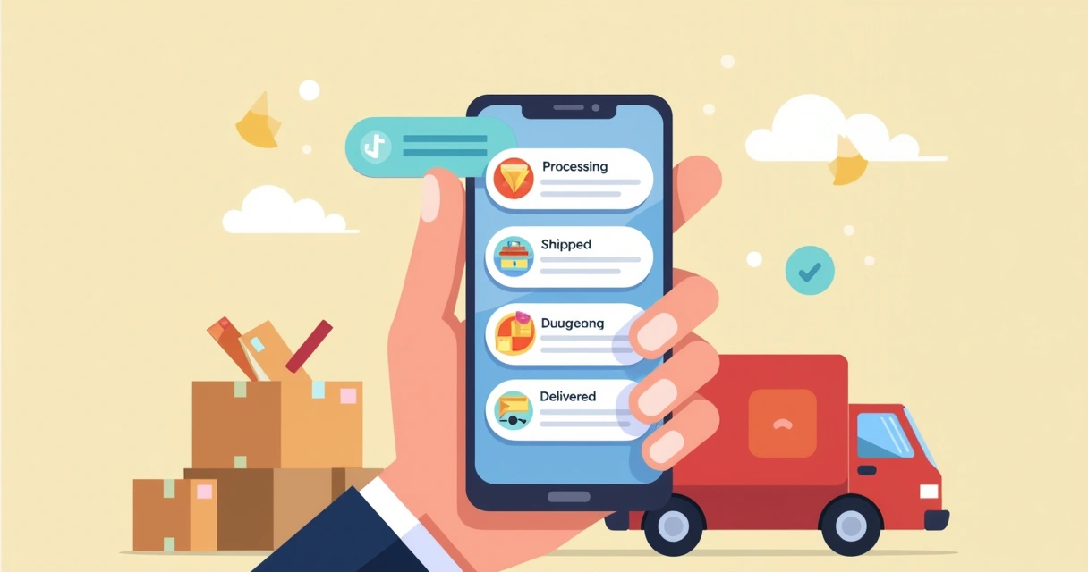 Notificações de status de pedido em uma tela de celular, com etapas ilustradas de entrega. 