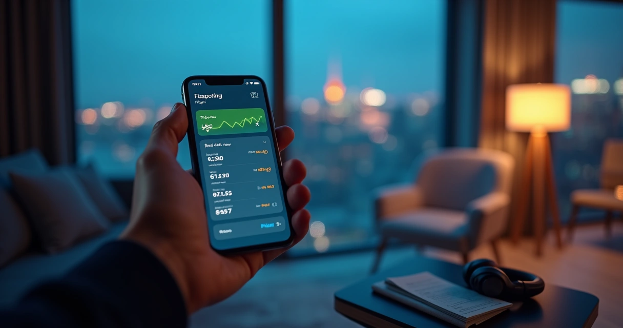 Mão segurando smartphone com alertas de tarifas aéreas na tela 