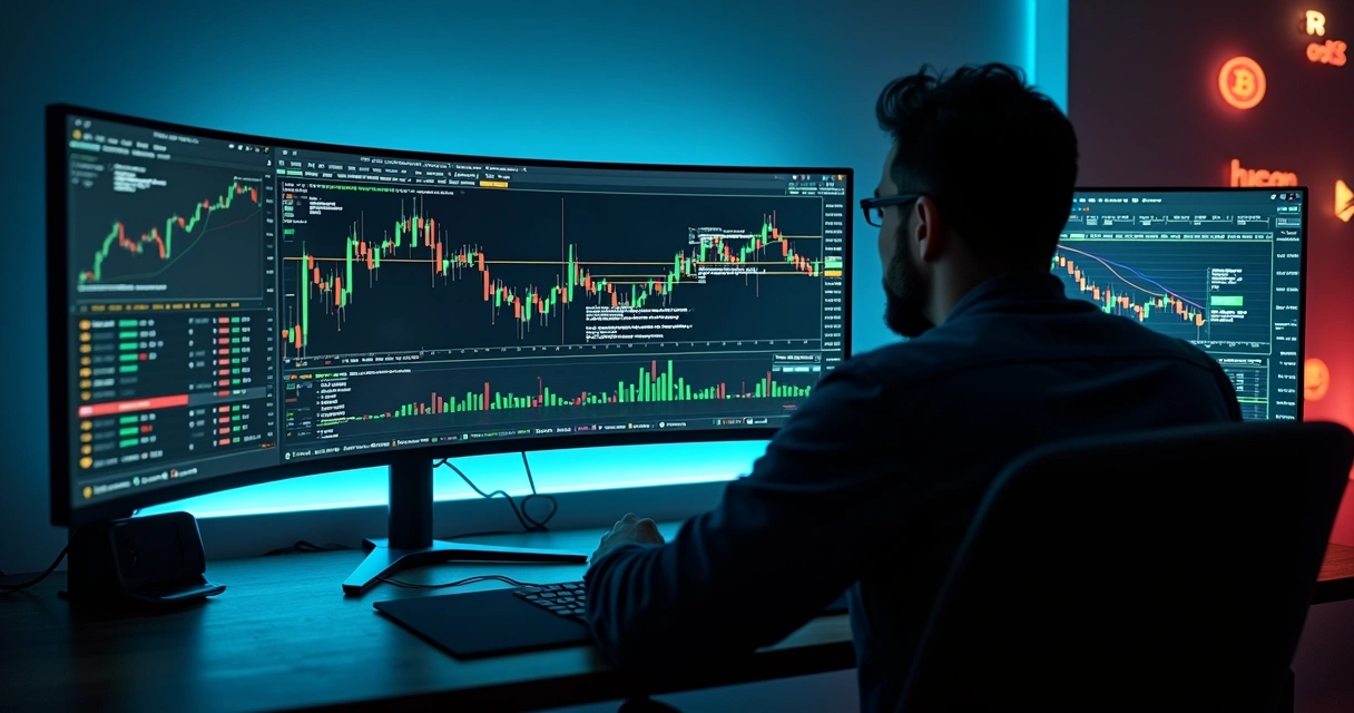 Trader acompanhando painel com alertas de trading de criptomoedas 