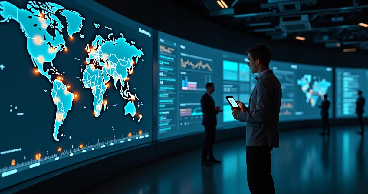 Gestor olhando mapa de alertas comerciais em painel de tempo real 