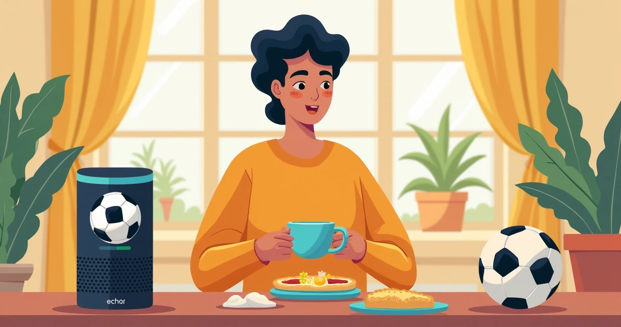Pessoa ouvindo notícias de futebol pela Alexa no café da manhã 