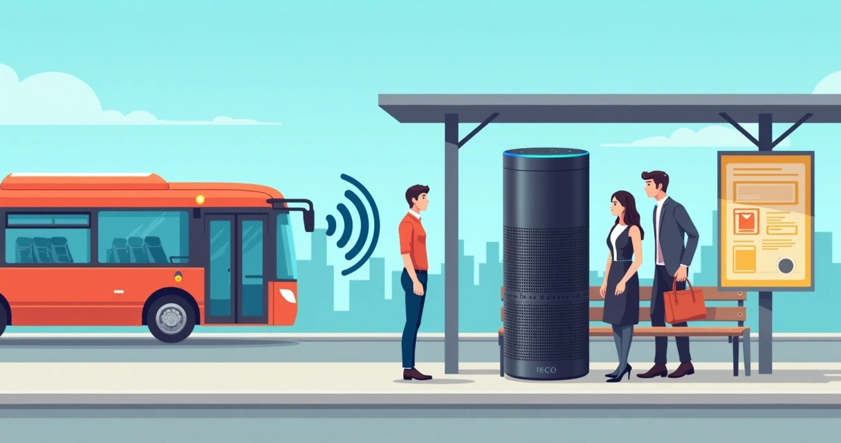 Alexa portátil sobre banco de ponto de ônibus, com sinais sonoros 