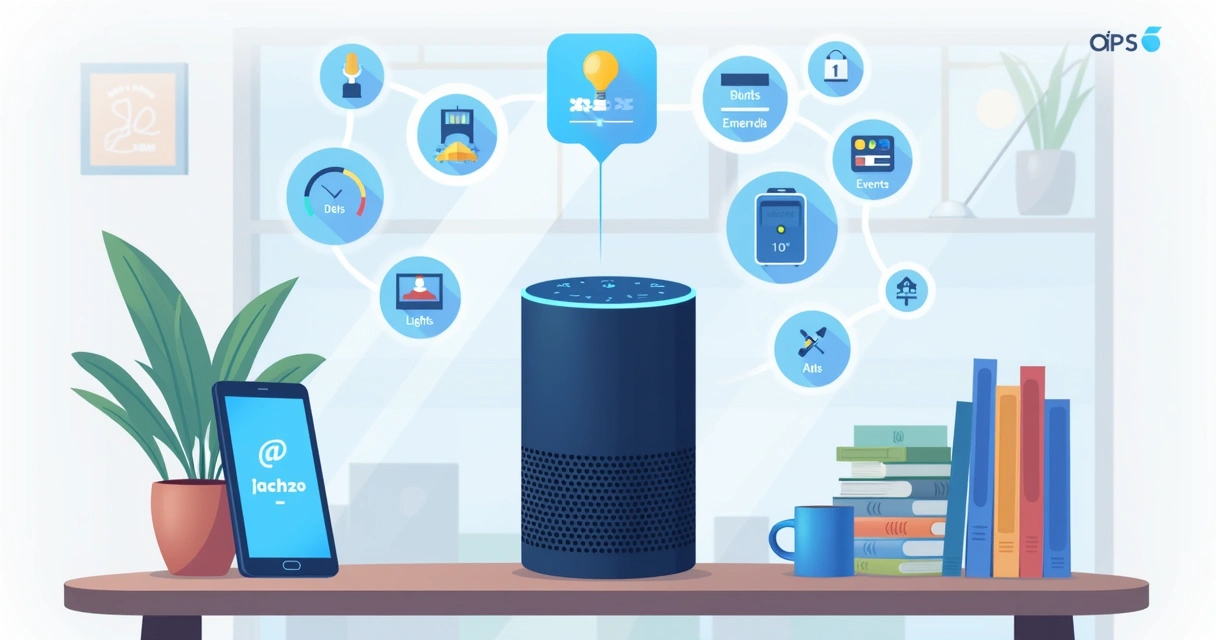 Ilustração corporativa flat mostrando assistente virtual Alexa em dispositivo inteligente com ícones de tarefas diárias, controle de casa e produtividade ao redor 