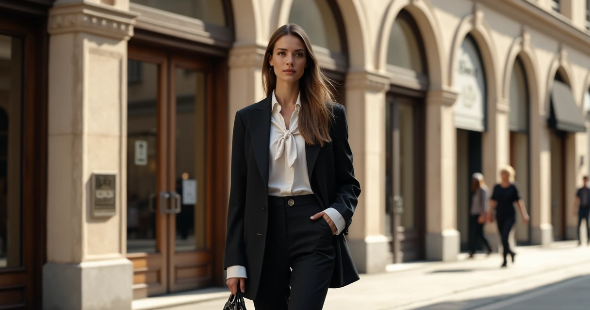 Mulher usando alfaiataria moderna com ombros marcados e gravata de seda em uma rua elegante de Milão. 