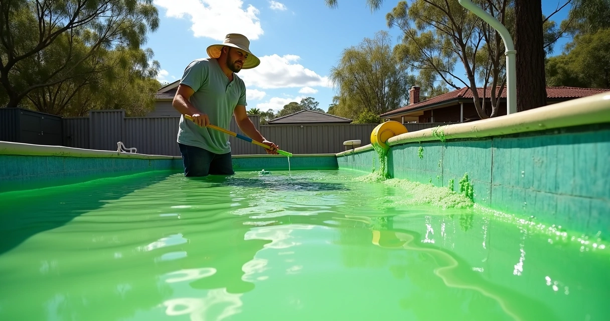 Australian pool with algae bloom, algae removal in progress, pool brush and vacuum, blue sky