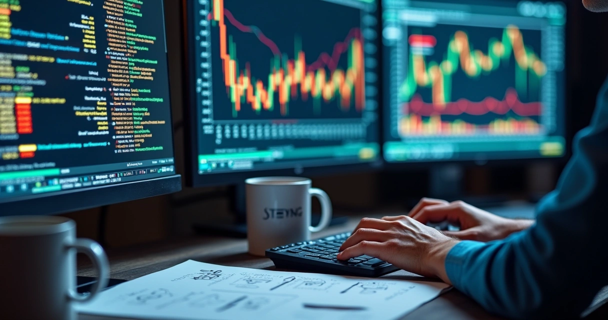 Detail of a financial workstation with algorithmic trading calculators showing commodity, currency, and interest forecasts.
