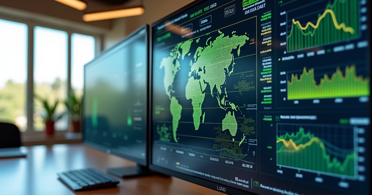 Screens showing algorithmic market analytics and real-time commodity tracking. 