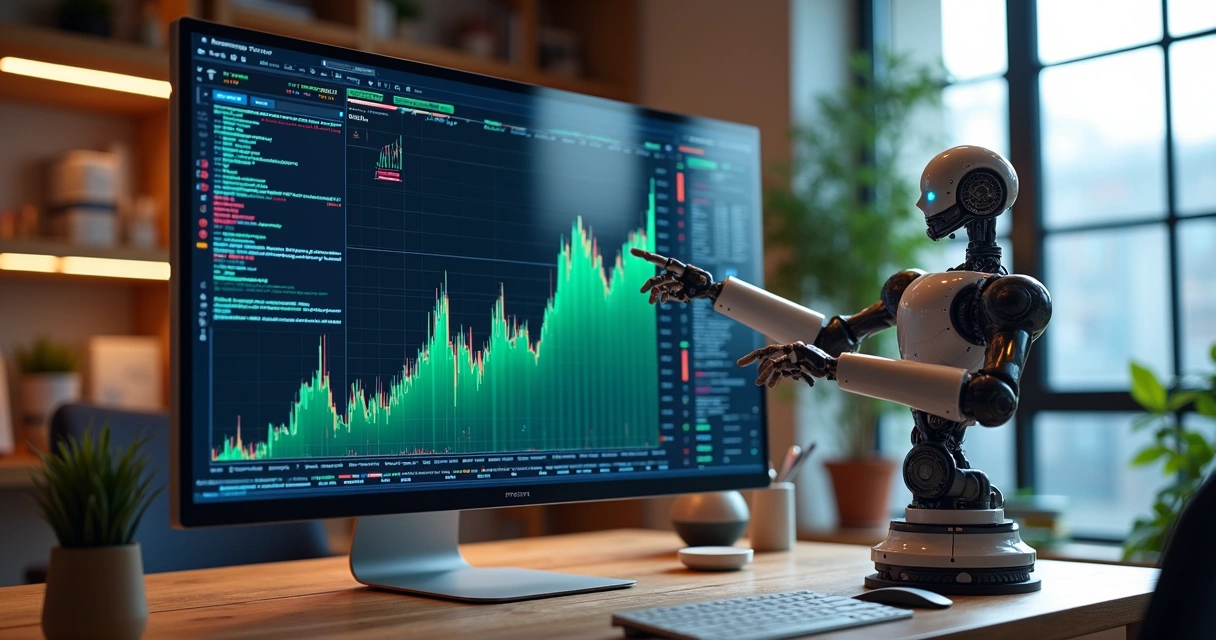 Algoritmo analisando gráficos de ações na tela de um computador 