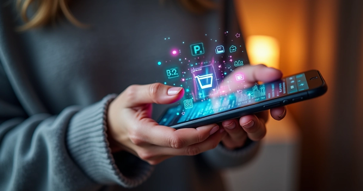 Pessoa segurando smartphone com tela mostrando gráficos e ícones de compras digitais destacados 