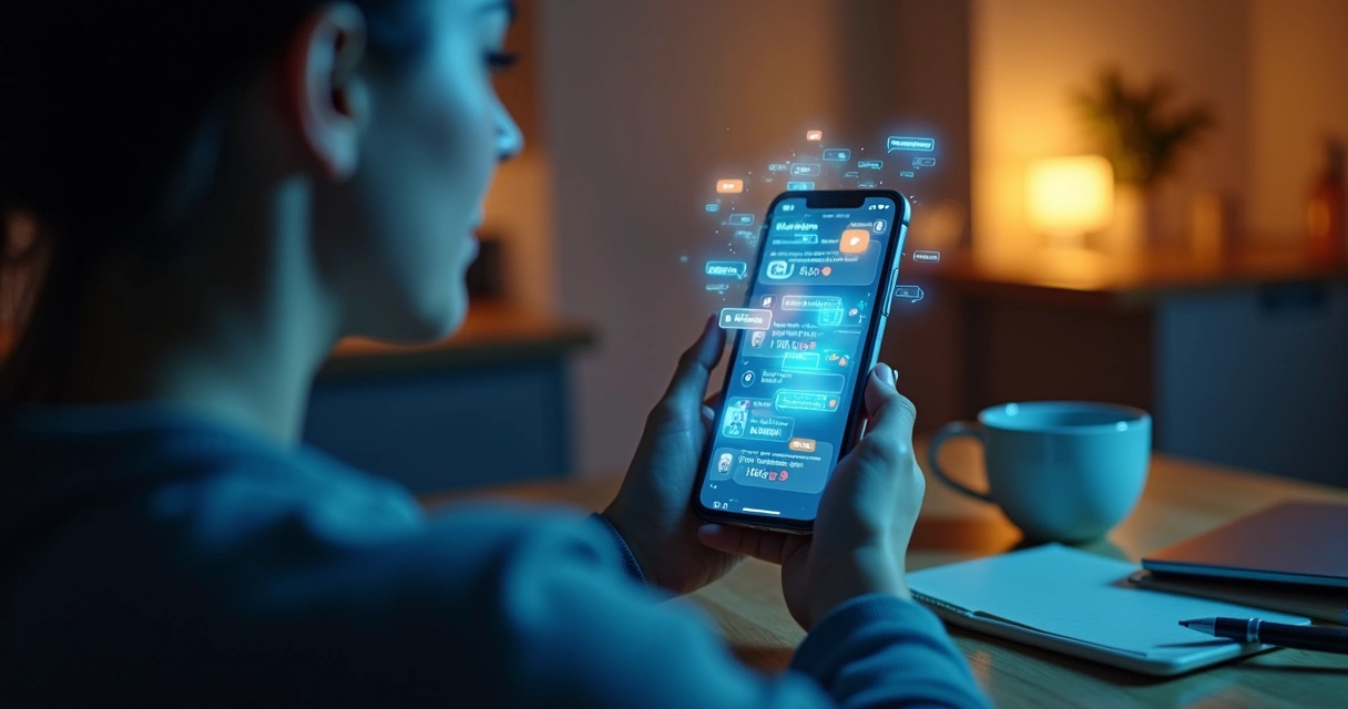 Pessoa olhando celular com ícones de escolhas e notificações ao redor 