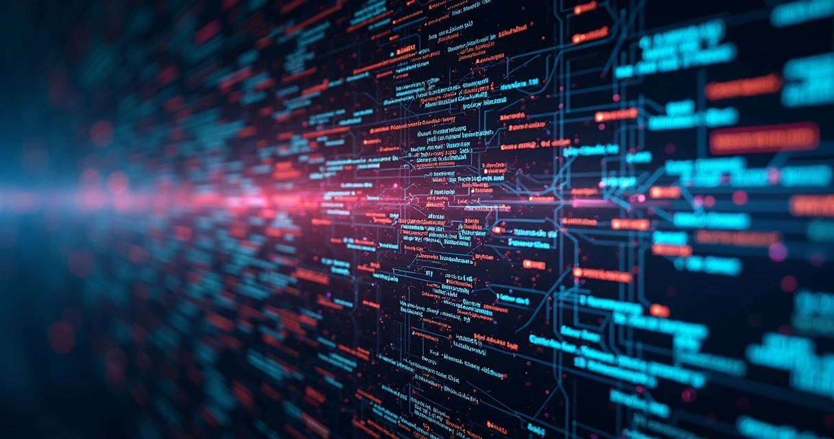Código de algoritmo e dados em tela escura 