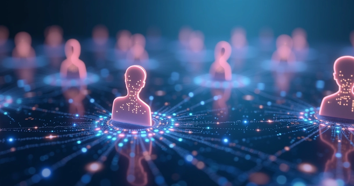 Conexões digitais estilizadas entre perfis de pessoas. 