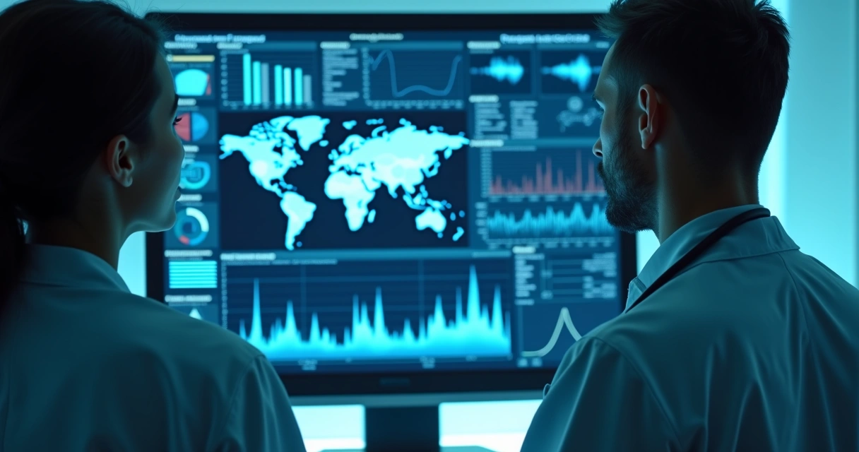 Médicos analisam monitor com gráficos preditivos de saúde 