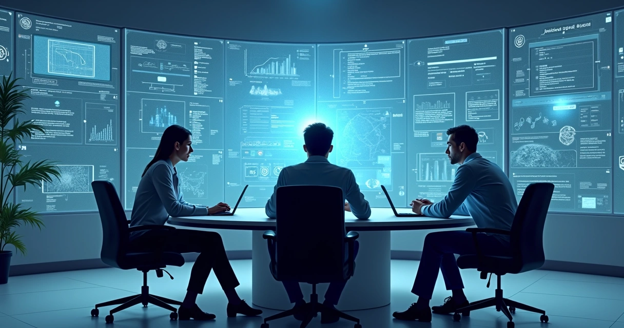 Ilustração de algoritmos sendo avaliados por pessoas sentadas à mesa 