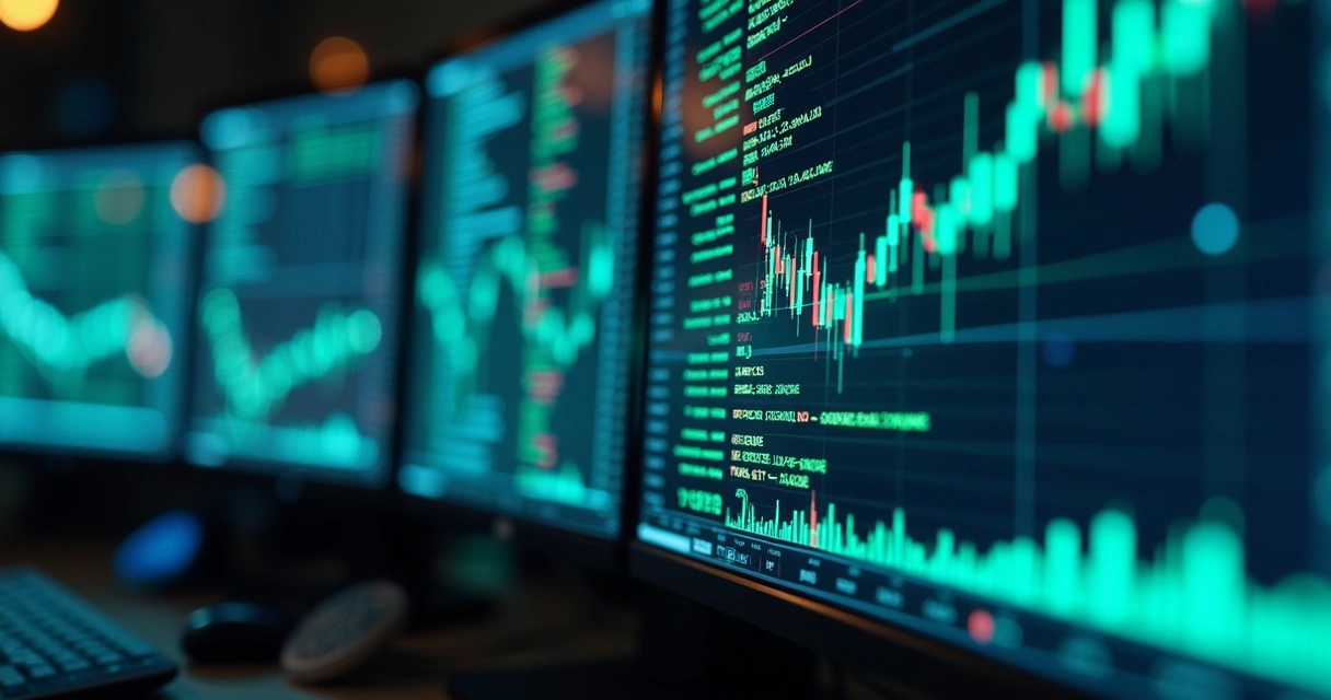 Tela de computador com gráficos e códigos de algoritmo de negociação de alta frequência 