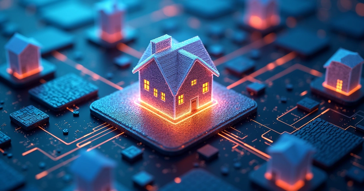 Representação visual de um algoritmo de IA processando dados de imóveis. 