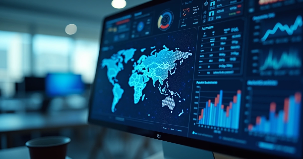 Painel digital de dados e IA analisando vendas e estoque. 