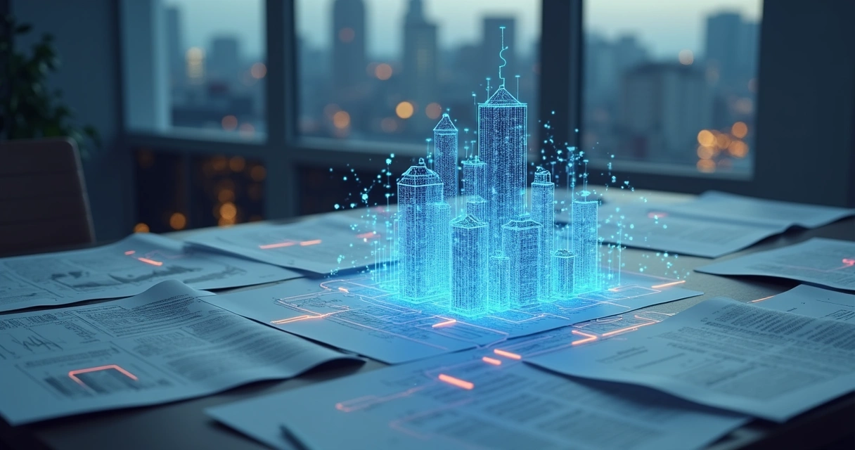 Ilustração de um algoritmo analisando dados de transações imobiliárias 