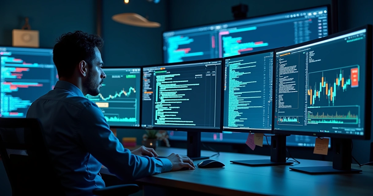 Código de algoritmo de investimento em tela grande com gráficos de análise 