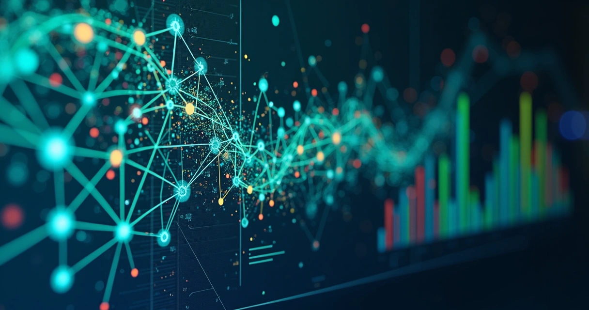 Representação visual colorida de algoritmo de machine learning ao lado de gráficos de crédito. 