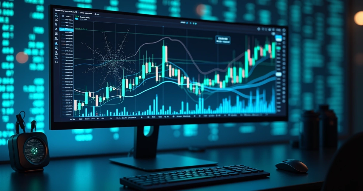 Computador exibindo gráficos financeiros complexos com interface de inteligência artificial e dados em segundo plano 