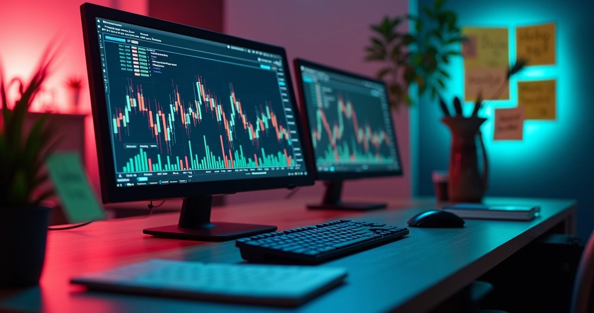 Gráficos financeiros e código de algoritmo em tela de computador 
