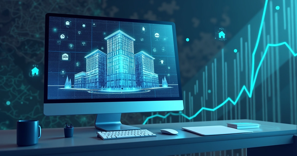 Visualização de um algoritmo de IA analisando gráficos de valores imobiliários 