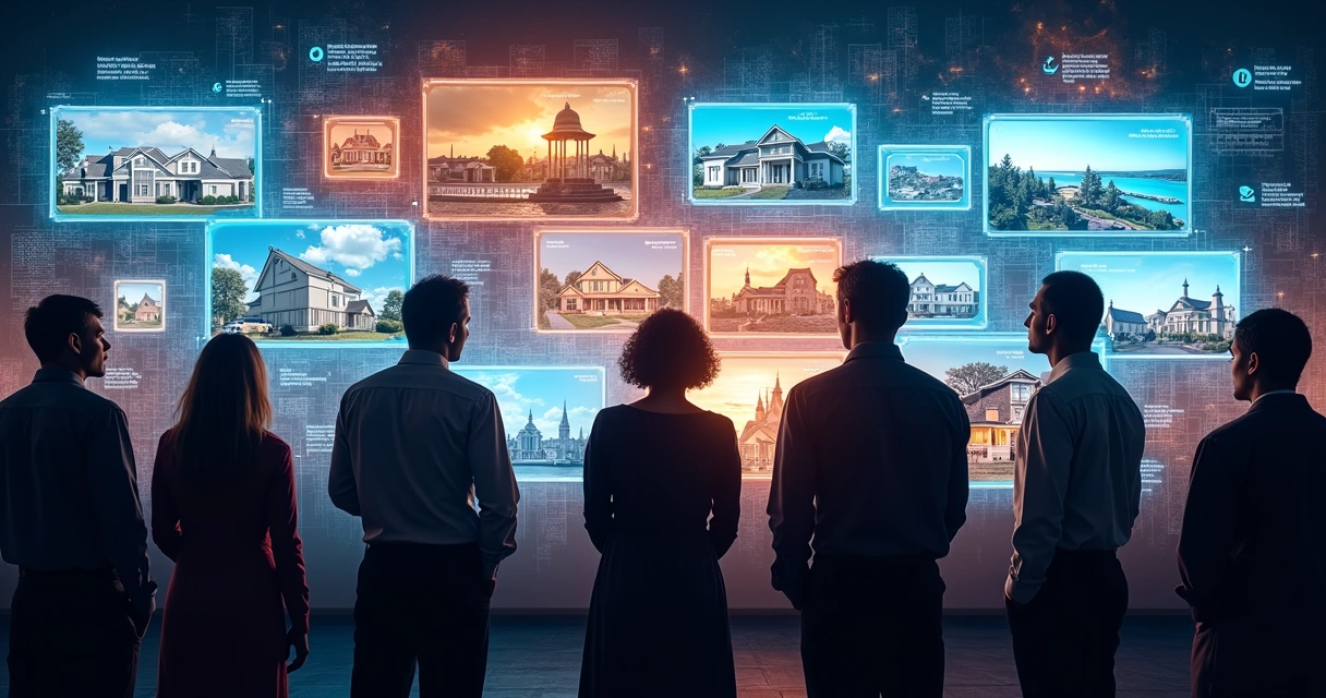 Algoritmo de IA mostrando anúncios imobiliários em telas digitais 
