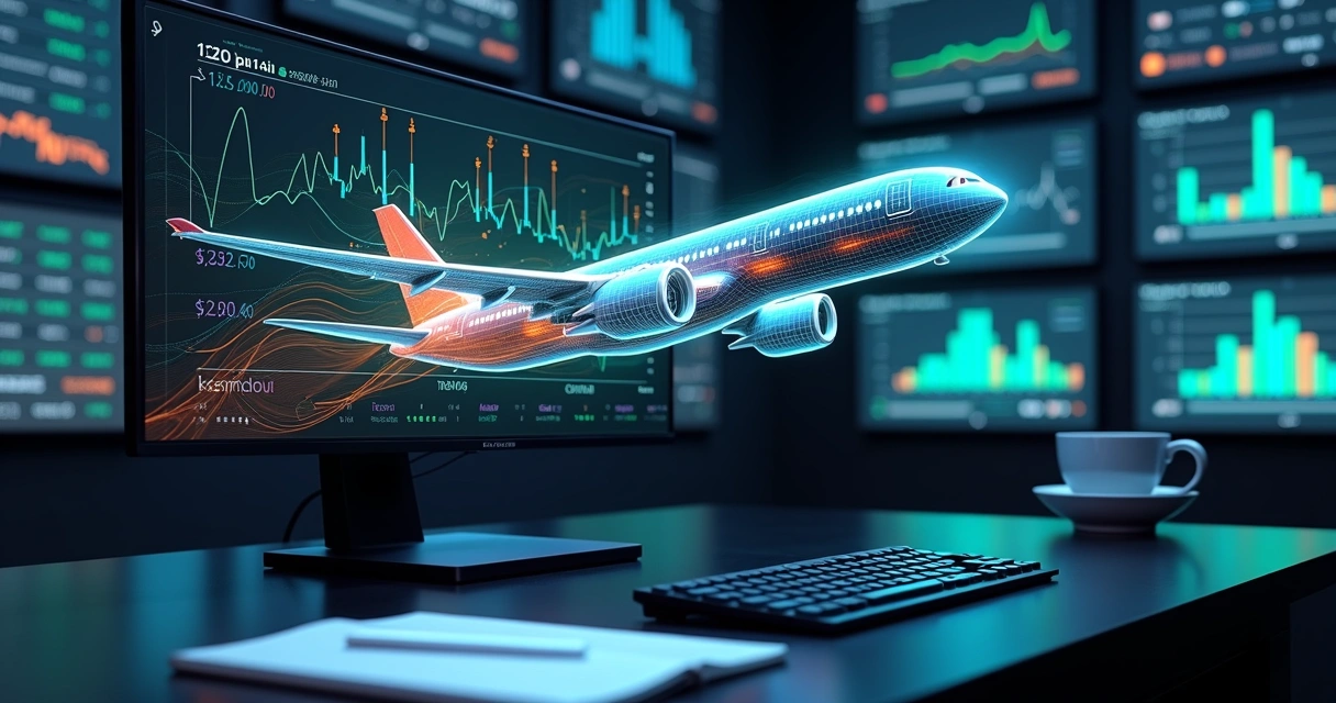 Computador mostra modelo 3D de avião envolto por gráficos de preços 