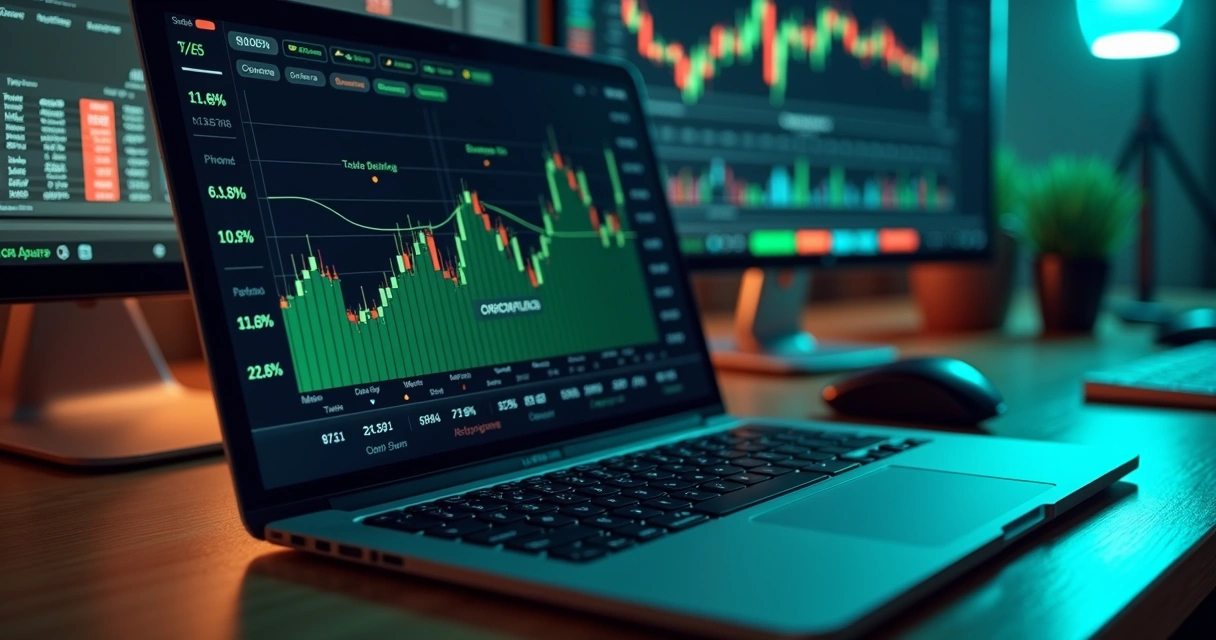 Tela de plataforma financeira mostrando gráfico de preços dinâmicos e fórmulas de algoritmo 