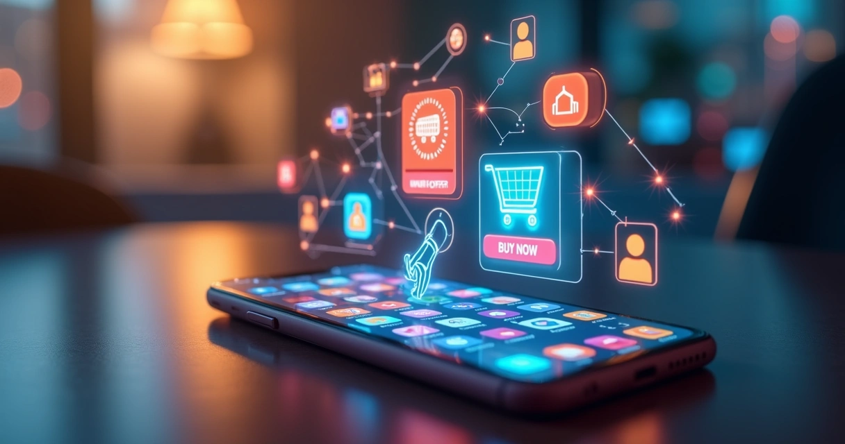 Algoritmo de recomendação mostrando oferta personalizada em tela de smartphone