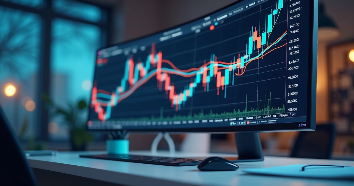 Tela de computador mostra gráfico financeiro, códigos de programação e ícones de tecnologia, tudo com aspecto moderno 