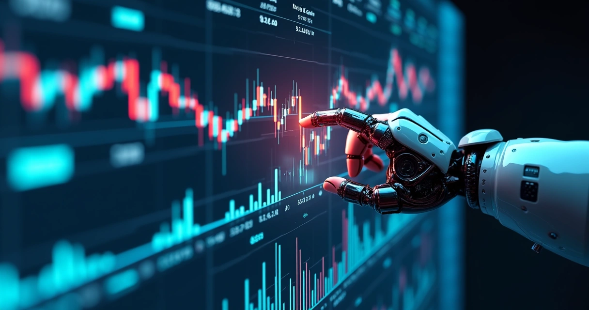 Painel digital mostrando algoritmo analisando gráficos de moedas 
