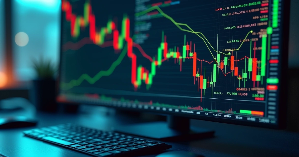 Tela de computador exibindo gráficos financeiros complexos e código de algoritmo de trading 