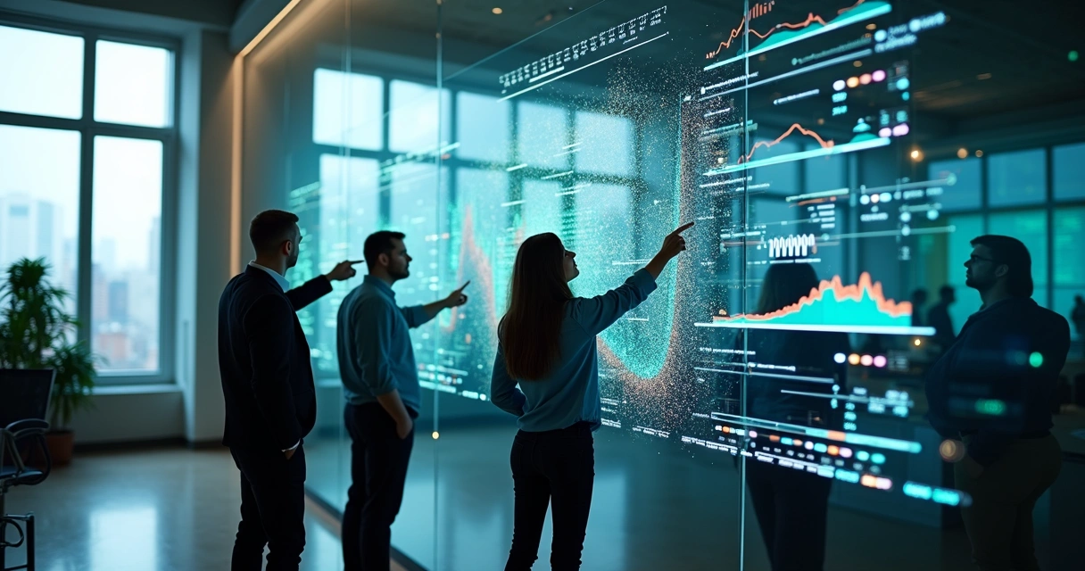 Representação visual de algoritmos de IA analisando dados empresariais 