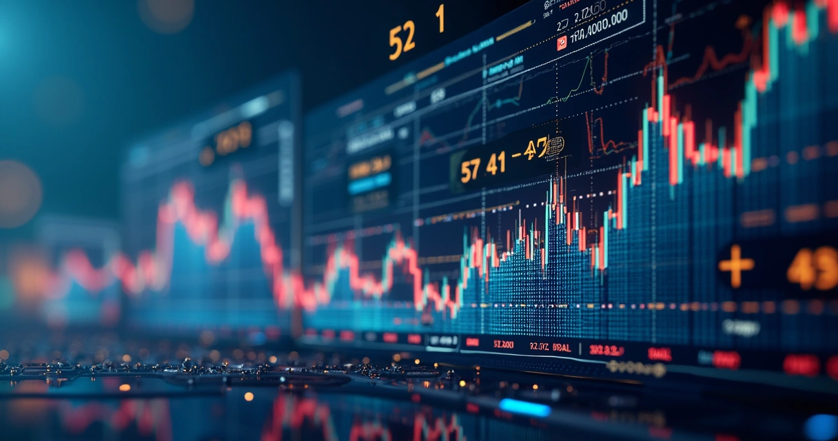 Algoritmos analisando gráficos financeiros em telas digitais 