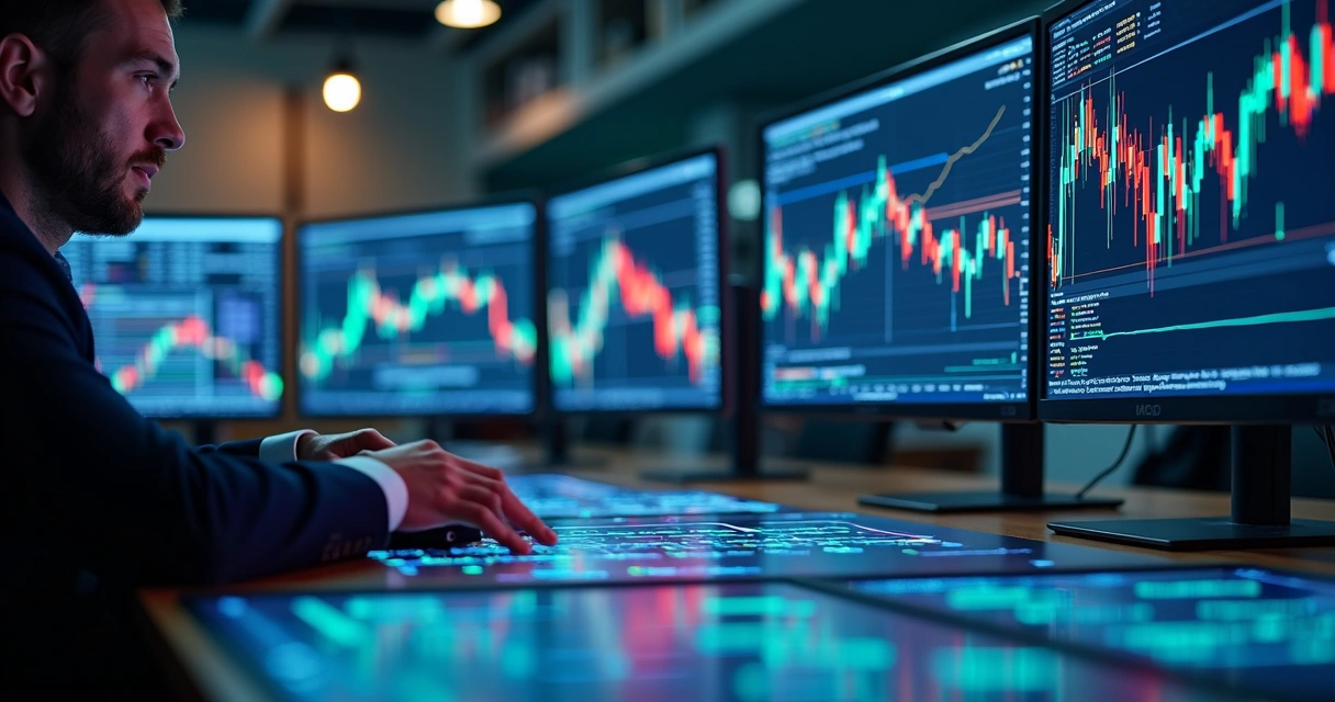 Tela de computador com gráficos financeiros e algoritmos