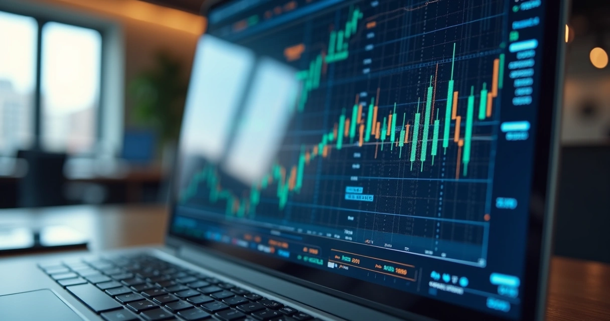 Tela de computador exibindo gráficos financeiros complexos e algoritmos de investimento automatizados com dados digitais ao redor 