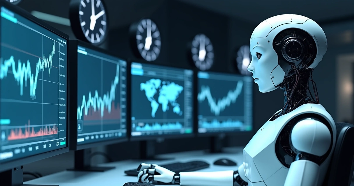 Robô digital frente a múltiplos monitores com gráficos 24 horas