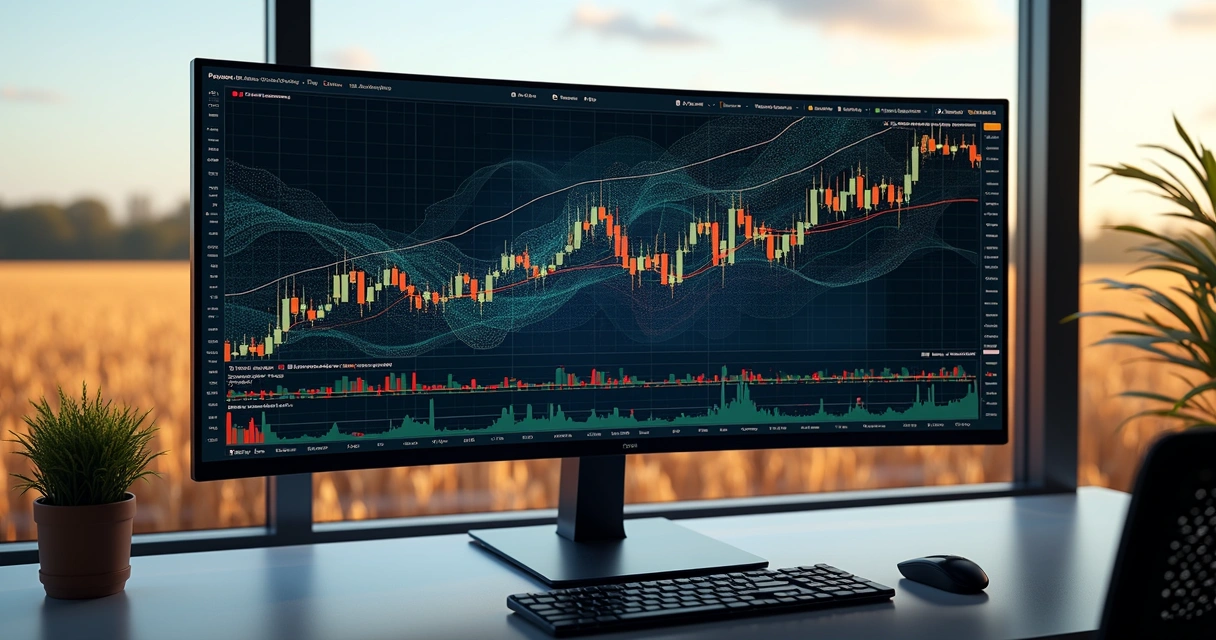 Computador exibindo gráficos financeiros de mercado de grãos com dados e algoritmos complexos em segundo plano 
