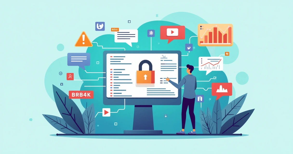 Ilustração corporativa de algoritmos digitais analisando dados para segurança de marca 