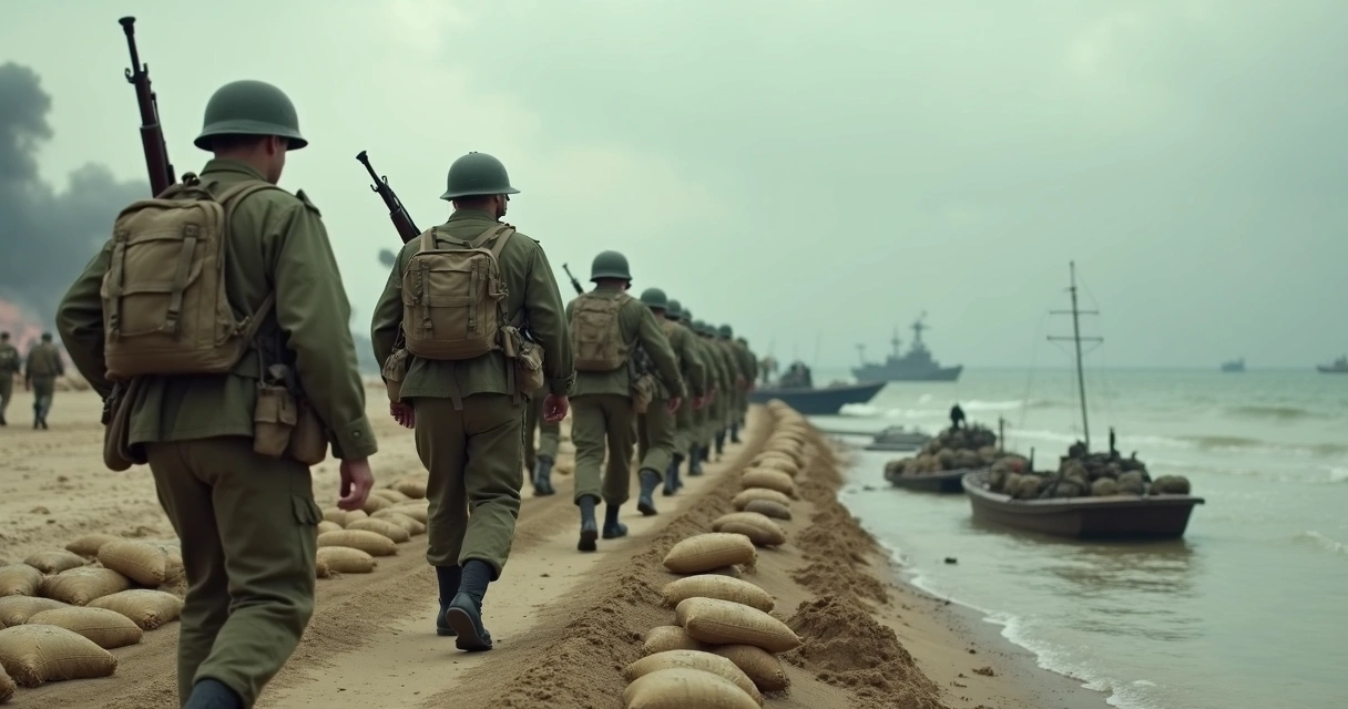 Soldados aliados desembarcando na Normandia durante o Dia D 