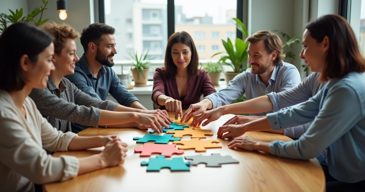 Equipe em escritório conectando peças de quebra-cabeça coloridas sobre uma mesa redonda 