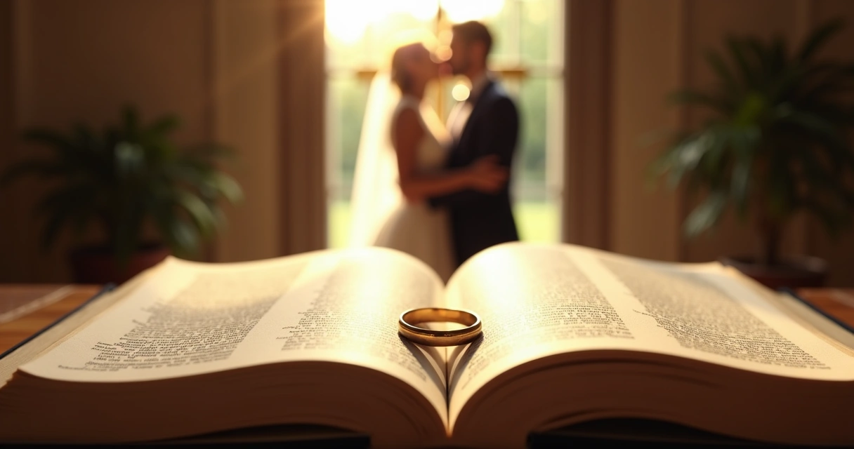 Duas alianças de casamento sobre Bíblia aberta com luz em forma de cruz ao fundo 