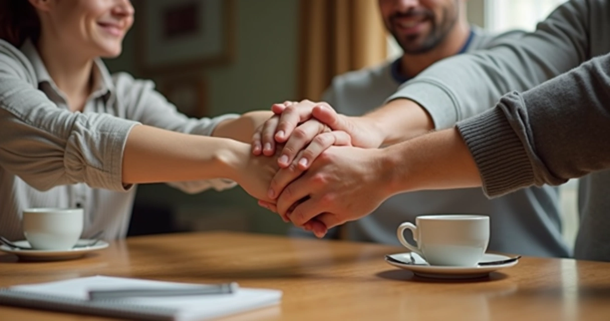 Mãos de família unidas sobre a mesa 